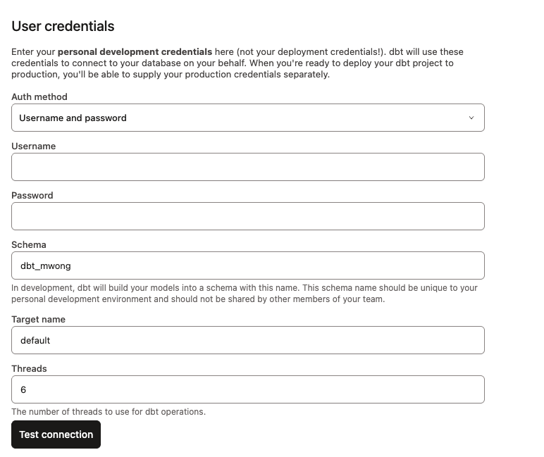 dbt - Snowflake User credentials